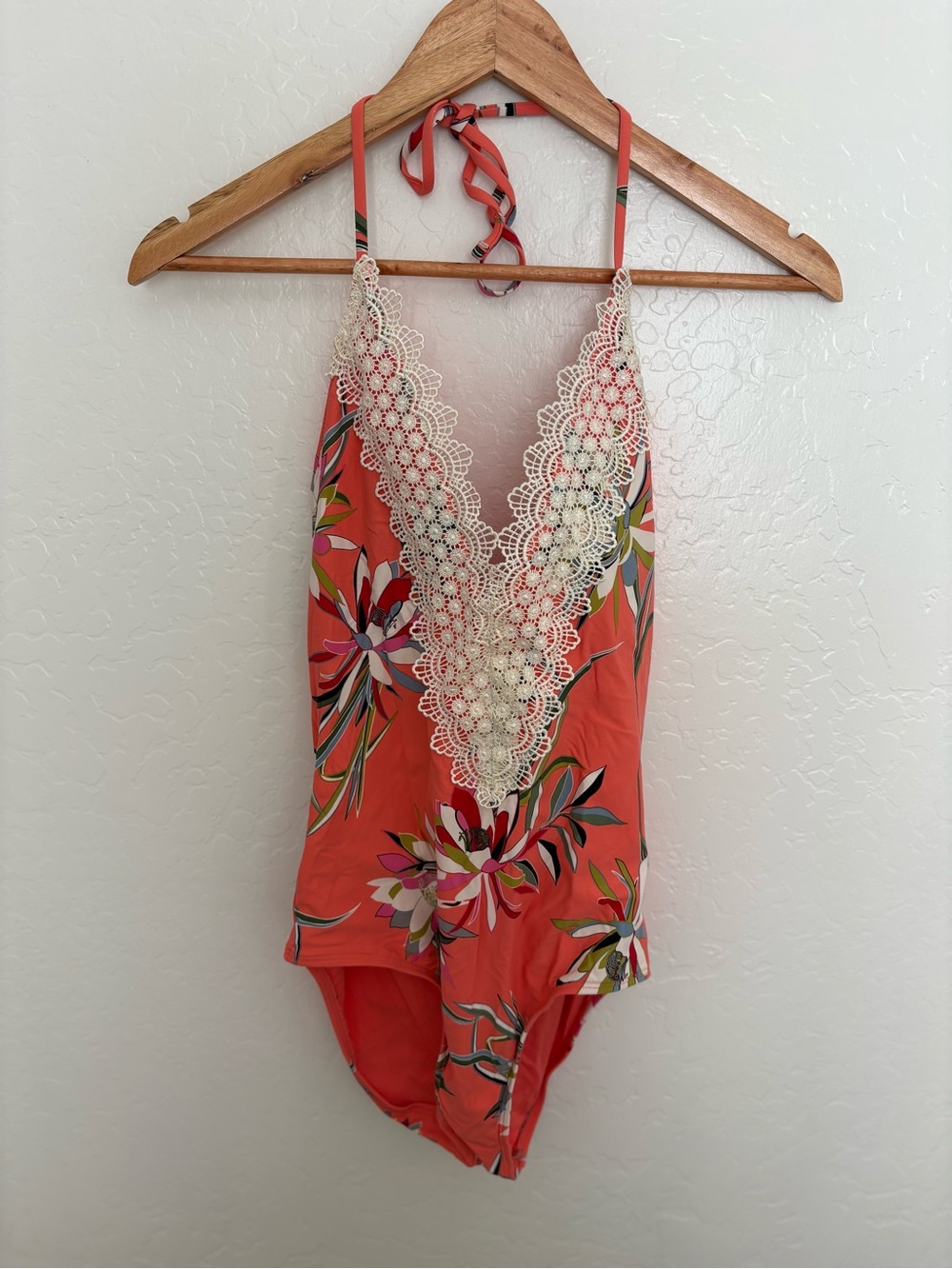 Coral Floral One-Piece Bodysuit with Cream Lace Trim